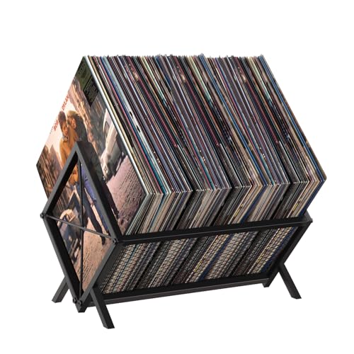 Metal Vinyl Record Storage Holder - 100 LP Album Display Rack, Black