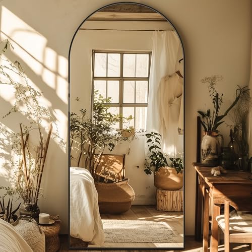 76"x34" Arched Full Length Floor Mirror, Large Aluminum Black Body Mirror