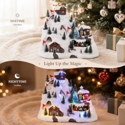 VCUTEKA Alpine Village Christmas Village Scene with Rotating Train & Skaters - Holiday Decor