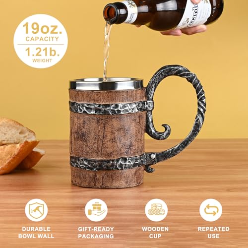 Ocean Ice 19oz Vintage Wooden Barrel Beer Mug - Double Wall Freezer-safe Tankard