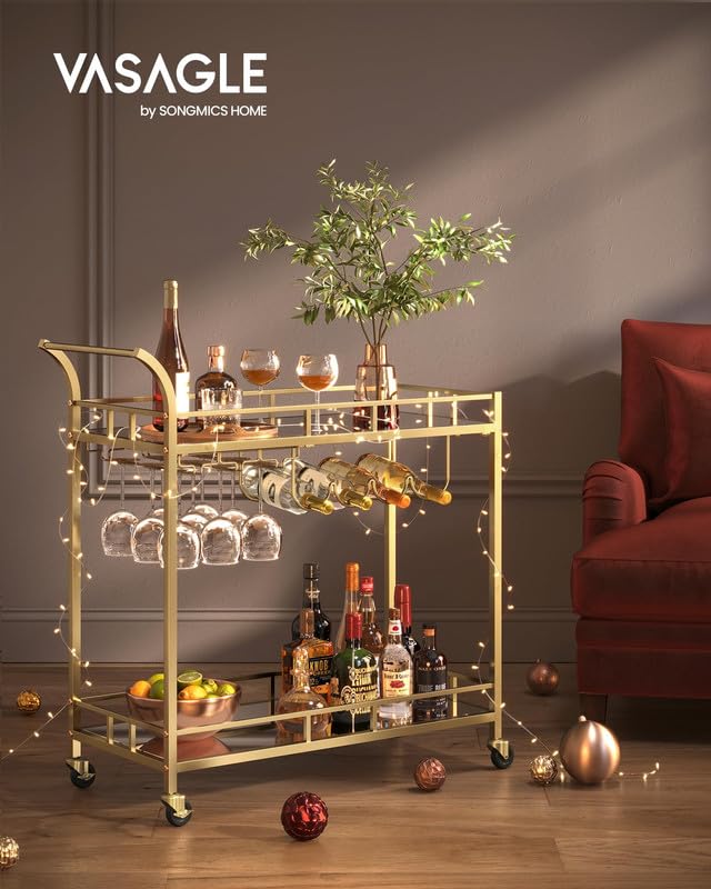 2-Tier Rolling Bar Cart with Mirrored Shelves, Wine and Glass Holders