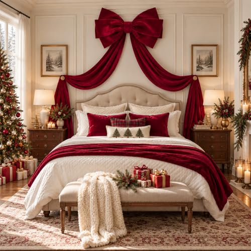 DULEFUN 28x79 in Burgundy Velvet Christmas Tree Topper Bow - 79in Burgundy-1