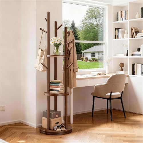 Solid Wood Rotating Coat Rack with 3 Shelves & 9 Hooks, Walnut Finish