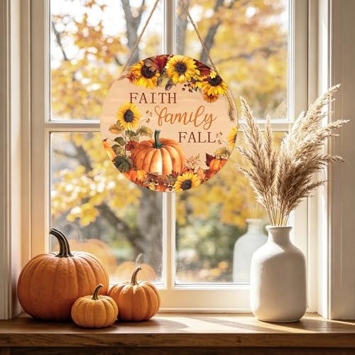 Faith Family Fall Wood Door Sign, 12-Inch Round Pumpkin Sunflower Wall Decor