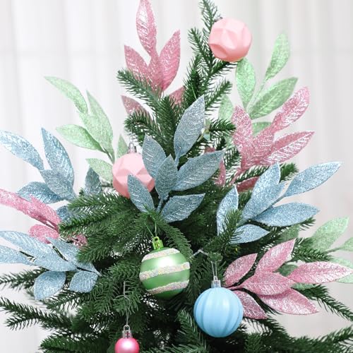 Janinka 24 Pcs Pastel Christmas Artificial Leaf Picks Macaron Tree Decor (Pastel Pink/Blue/Green)