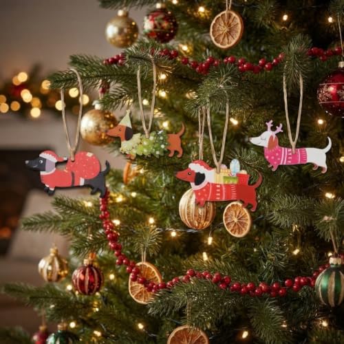 40Pcs Christmas Dachshund Dog Wooden Ornaments for Holiday Decor, Pet Lover Gift