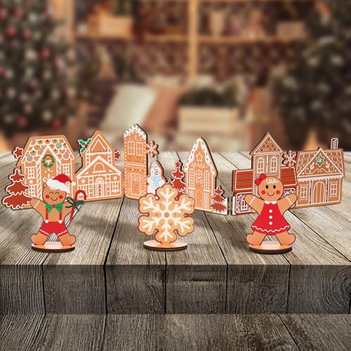 Threehoney 32 Inch Wooden Gingerbread House Christmas Village - Farmhouse Tabletop Decor with Man & Snowflake Signs