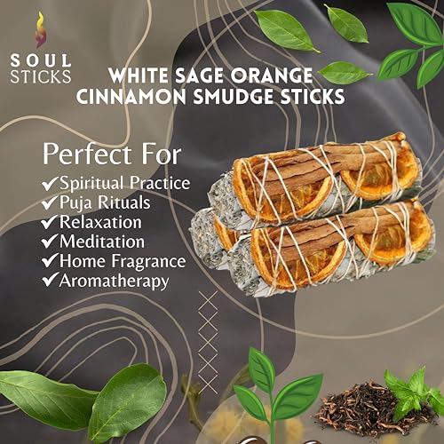 White Sage Smudge Sticks with Orange and Cinnamon - 3 Pack 4 Inch Bundles