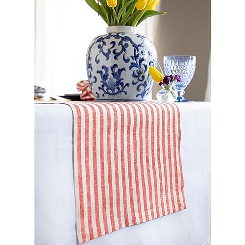 Solino Home 100% Pure European Linen Table Runner Red & White Stripe 14 x 144 in