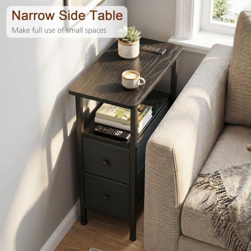 Narrow End Table with Charging Station & 2 Fabric Drawers - Slim Side Table
