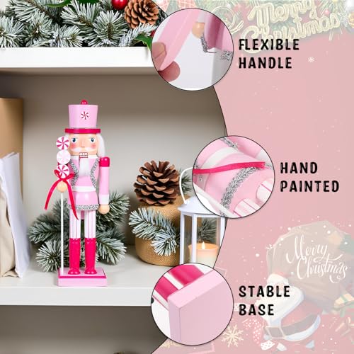 Pink Lollipop Wooden Nutcracker Figure - 14 Inch Traditional Christmas Decor
