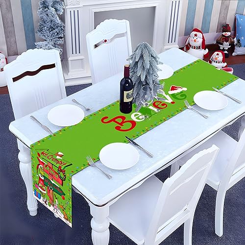 Pudodo Christmas Table Runner Green 13 x 108in - Linen Festive Holiday Decor