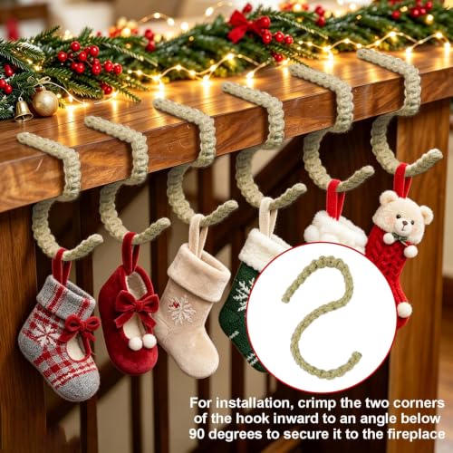 6 Pack Christmas Bendable Stocking Holders with Jute Rope - Rustic Mantle Hooks