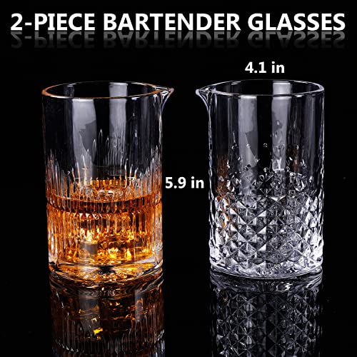 SogYupk 2-Pack Cocktail Mixing Glasses 24oz - Engraved Lead-Free Crystal with Weighted Base & Diamond Grip - Professional Barware Set (Different Sizes)