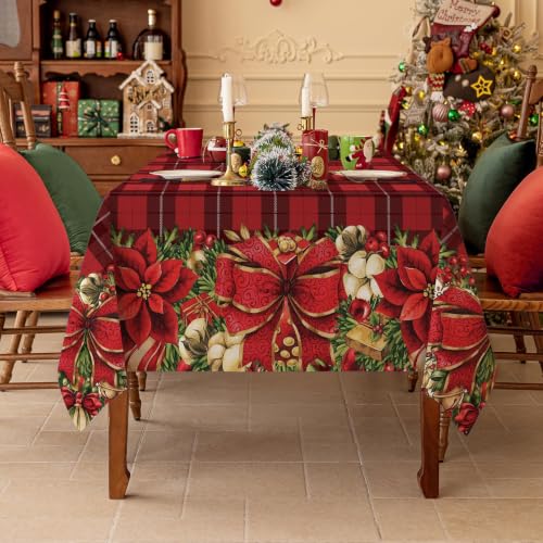 Softalker Christmas Rectangle Tablecloth 60 x 102 Inch, Red Checkered – Plaid Flower