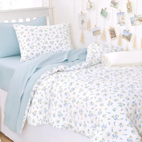Floral Comforter Set Twin/Twin XL - 3 Piece Soft Flower Bedding, White Blue