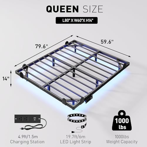 Queen Floating Bed Frame with LED Lights and Built-in Charging Station