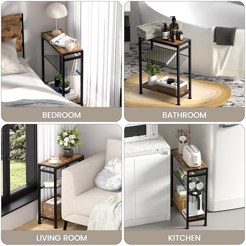 3-Tier Narrow Side Table with Magazine Holder - Slim End Table for Small Spaces