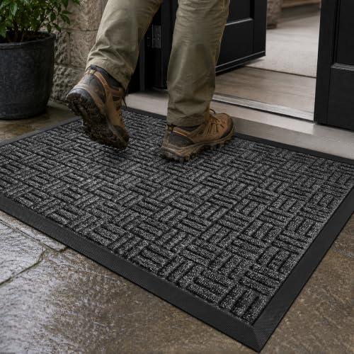 Heavy Duty Front Door Mat 29.5" x 17" - Non-Slip Dirt Trapper Doormat, Gray