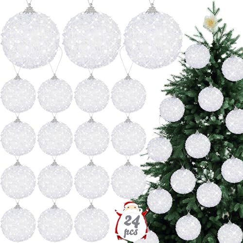 White 24Pcs 3.15 Inch Glitter Christmas Tree Ornaments Holiday Decorations