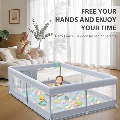 Large Baby Playpen 50x50 Inch Toddler Play Yard with Breathable Mesh Grey