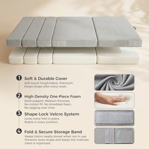 Full Size Tri-Fold Futon Mattress, Corduroy Foldable Floor Bed & Lounge