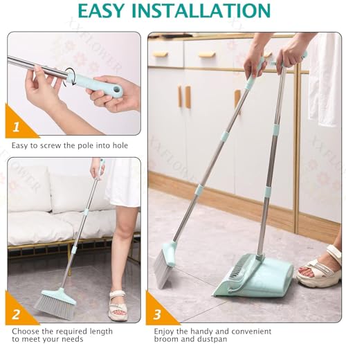 Long Handle Broom and Dustpan Set with Built-in Cleaning Teeth