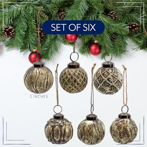 AuldHome Design Farmhouse Ball Ornaments Set of 6 - 2in Antique Gold Distressed Metal Glass