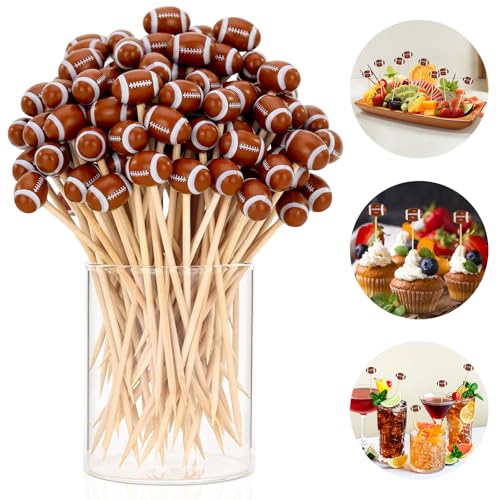 KINYFY Football 3D Cocktail Picks - 100 Long Bamboo Toothpicks for Party Decorations