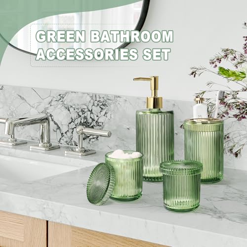 4-Piece Green Glass Bathroom Accessory Set, Vintage Ribbed Soap Dispenser