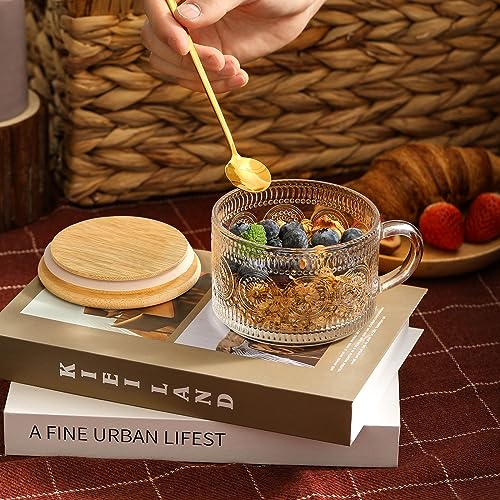 LANDNEOO 4-Pack Vintage Glass Coffee Mugs with Bamboo Lids & Spoons, 14oz