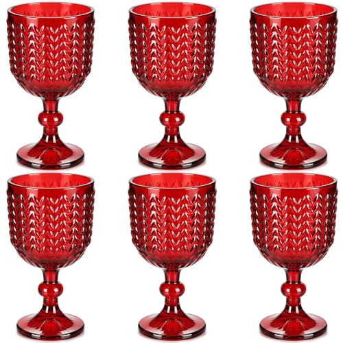 Ferrochef Christmas Red Wine Glasses, Set of 6 - 12 oz Embossed Goblets, Red Variation 6