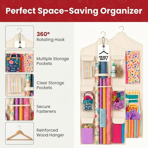 Double-Sided Wrapping Paper Organizer with Wooden Hanger and Pockets