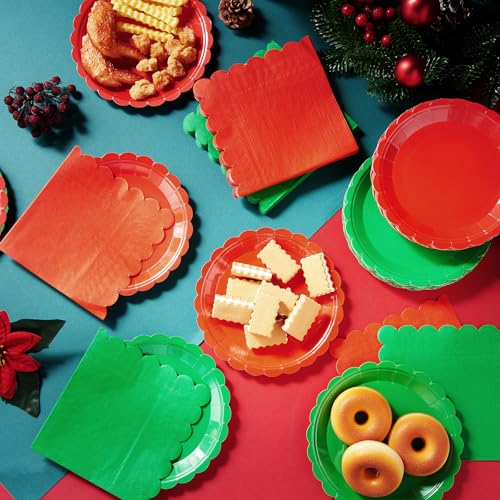 Tiangrid 240Pcs Red & Green Christmas Dinnerware Set - 120 Plates + 120 Napkins, 7in | Red Green Variation