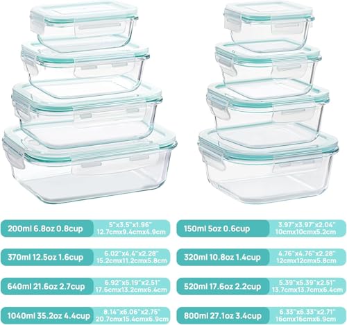 8-Pack Glass Food Storage Containers with Airtight Lids for Meal Prep