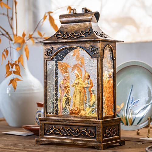 Nativity Scene Musical Christmas Snow Globe Lantern - LED Swirling Glitter Decor