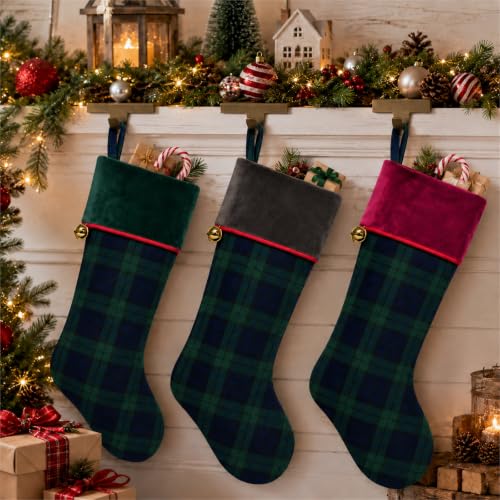 3 Pack Christmas Stockings 20'' Plaid with Velvet Cuffs - Tartan Christmas Stockings