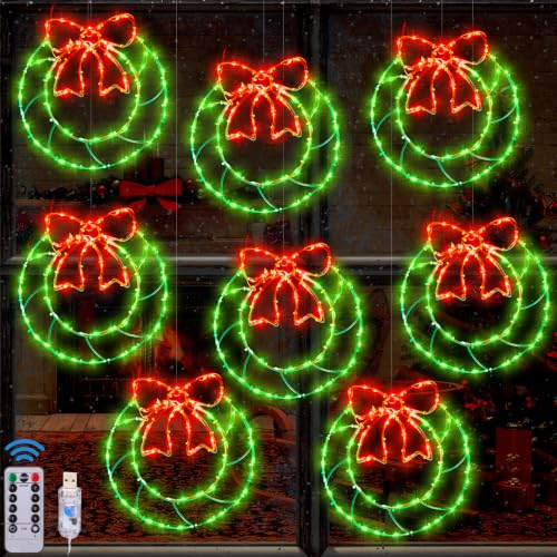 Glooglitter 8 Pcs Christmas Wreath Window Silhouette Lights Top Bow - USB 8 Modes