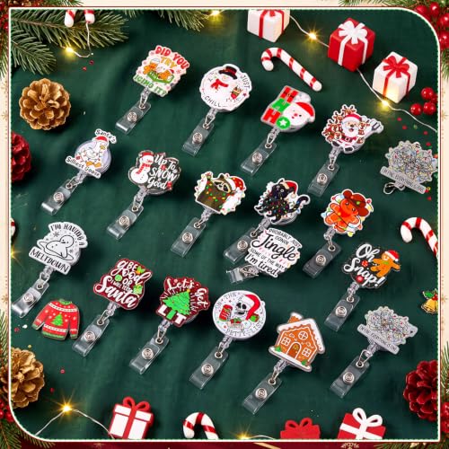 Christmas Badge Reels 20Pcs Retractable Nurse Badge Clips – Santa/Gingerbread/Elf Designs (Variation: Christmas)