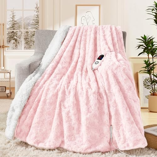 Electric Heated Blanket 50"x60" Pink Faux Rabbit Fur | 6 Heat Settings & Auto Shut Off