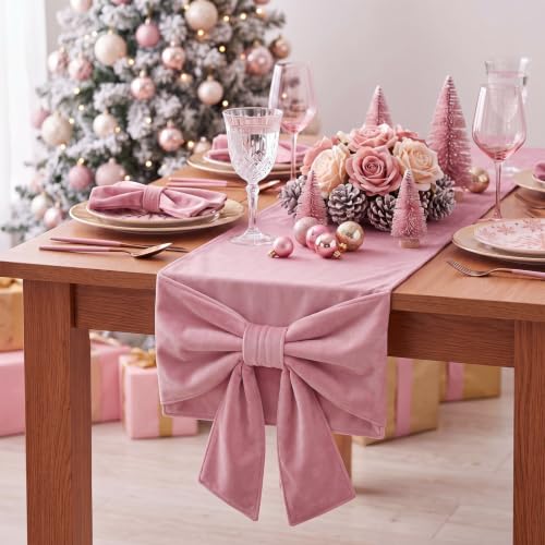 Frienda Pink Velvet 3D Bow Table Runner Christmas Party Decor