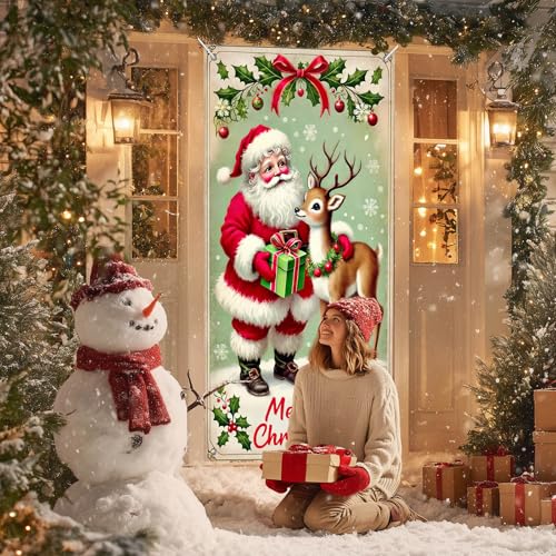 IVN Santa Reindeer Door Cover Decoration Banner 71 x 35 in - Double Sided