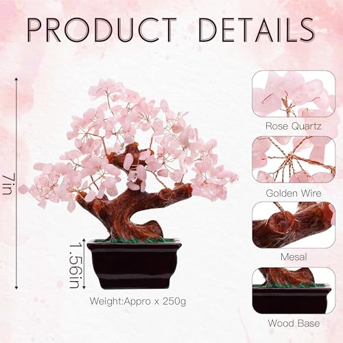 Pink Cherry Blossom Bonsai Tree Decor | Artificial Rose Quartz Tree for Feng Shui | Home & Office Accent