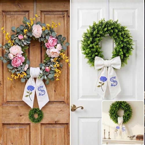 Monogram Wreath Sash for Front Door Embroidered Letter S Hydrangea