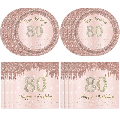 80th Birthday Decorations Rose Gold Party Supplies - 20 Plates & Napkins - Girl Women