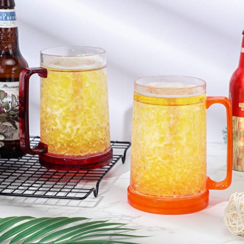16 oz Freezer Beer Mugs with Gel, Double Wall Insulated Plastic Cups (6 Pack)