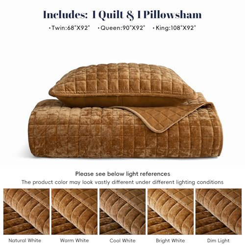 PHF Twin Size Rusty Burnt Orange Velvet Quilt Set - Luxury Square-Box Design