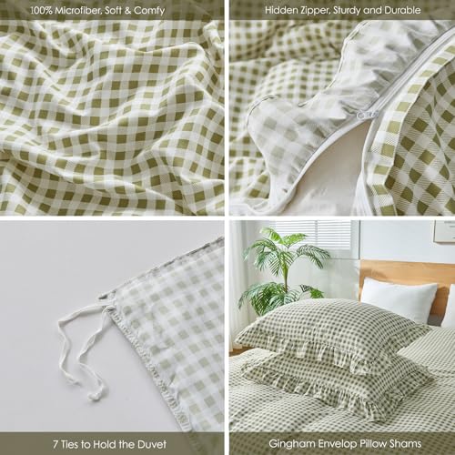 Sage Green Gingham Duvet Cover Set Queen, 3-Piece Soft Microfiber Ruffle Bedding