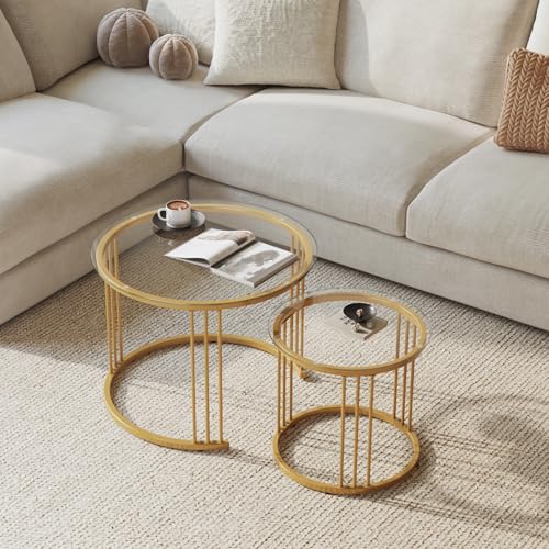 Round Nesting Coffee Table Set of 2, Gold Metal Frame with Glass Top