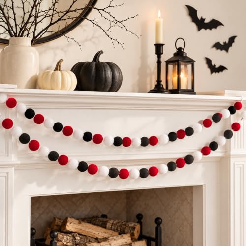 jijAcraft Black Red White Felt Ball Garland 2-Pack, 8.2ft Each - Halloween & Holiday Pom Pom Garlands
